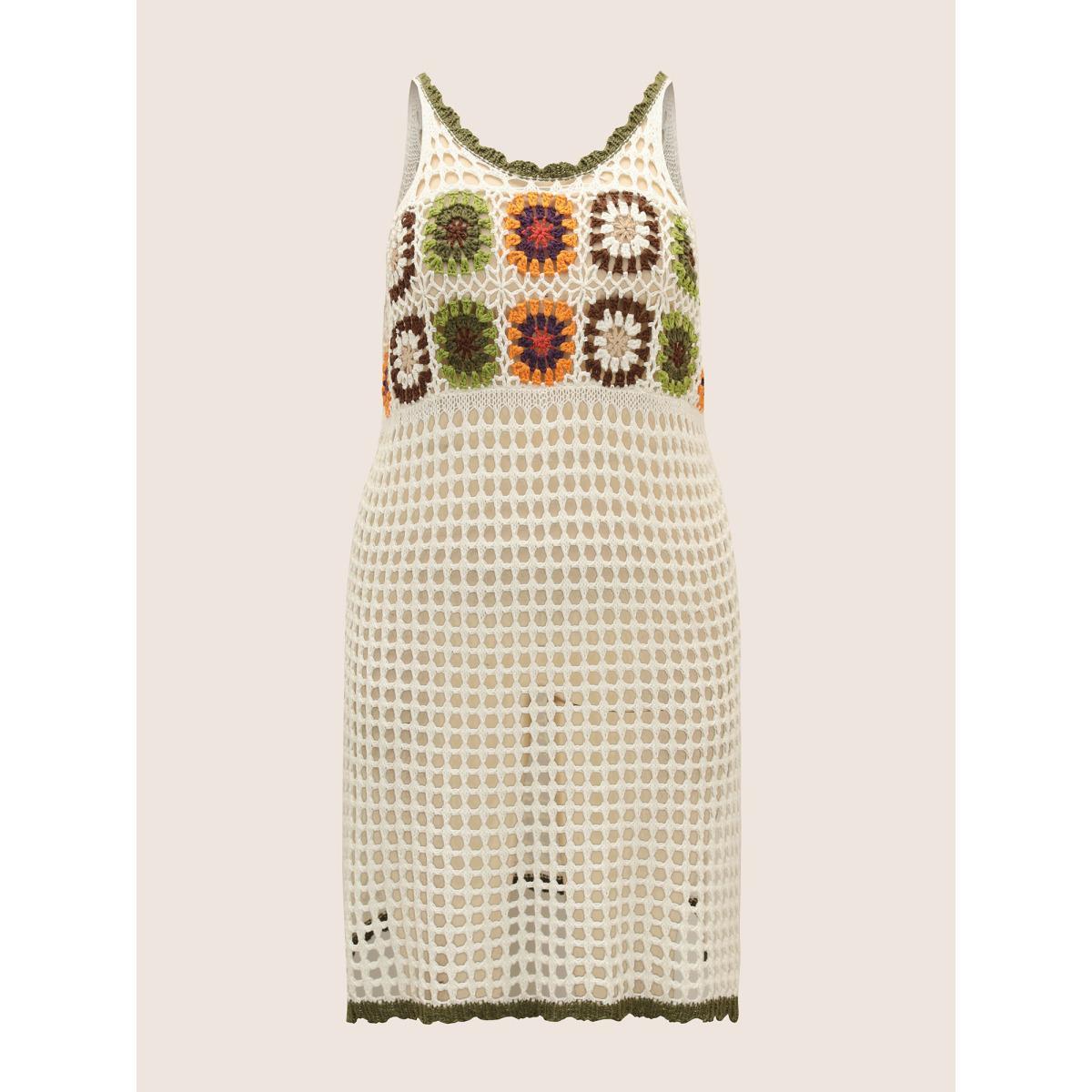 Plus Size Crochet Floral Texture Cut Out Swim Cover Up Women's Swimwear Beige Beach Crochet Curve Swim Cover Ups BloomChic 26/4X Product Image