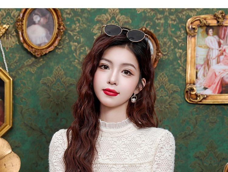 Long-Sleeve Stand Collar Plain Faux Pearl Accent Frill Trim Lace Blouse Product Image