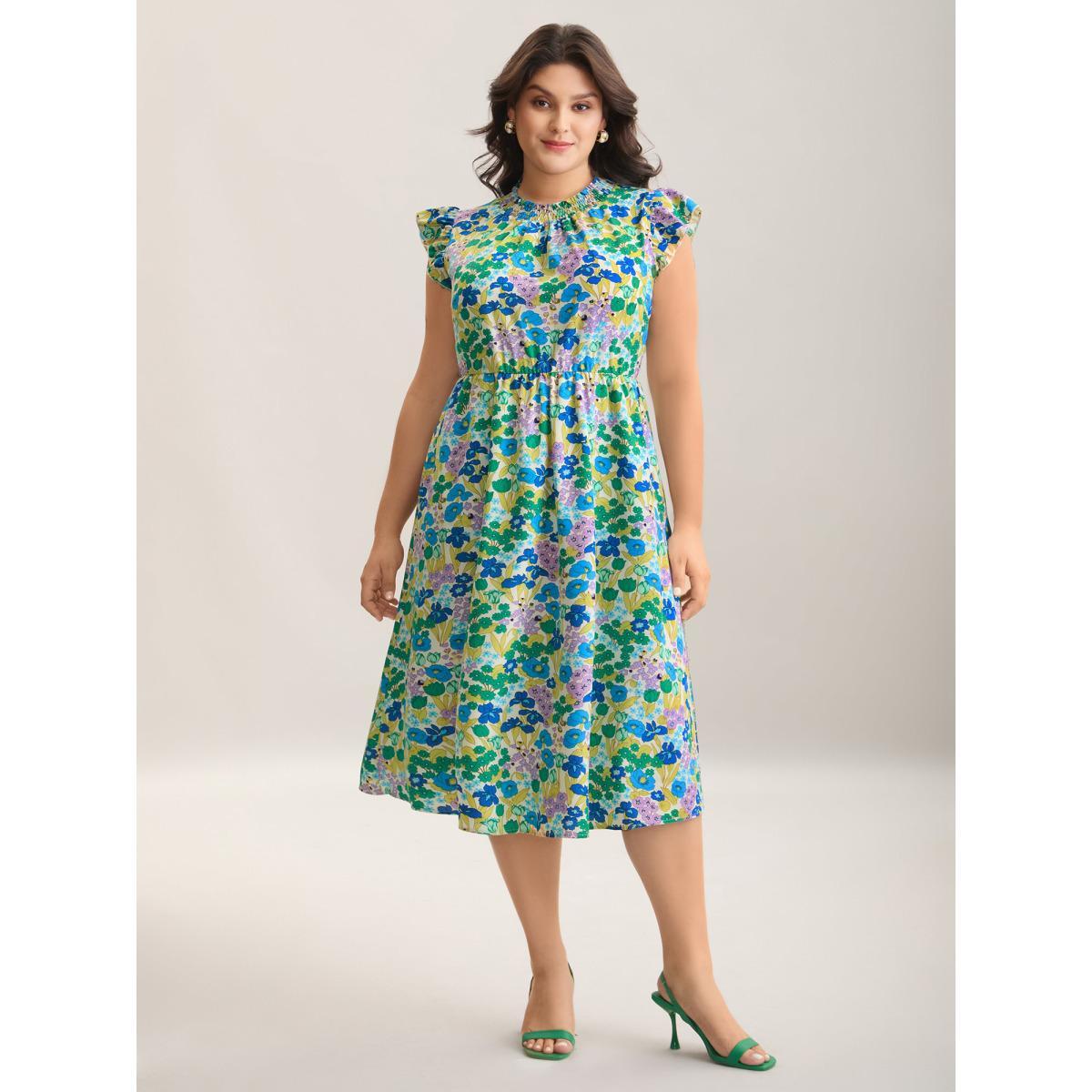 Plus Size Floral Print Shirred Pockets Midi Dress Cerulean Women Elegant Frill Trim Mock Neck Cap Sleeve Curvy BloomChic 18-20/2X Product Image