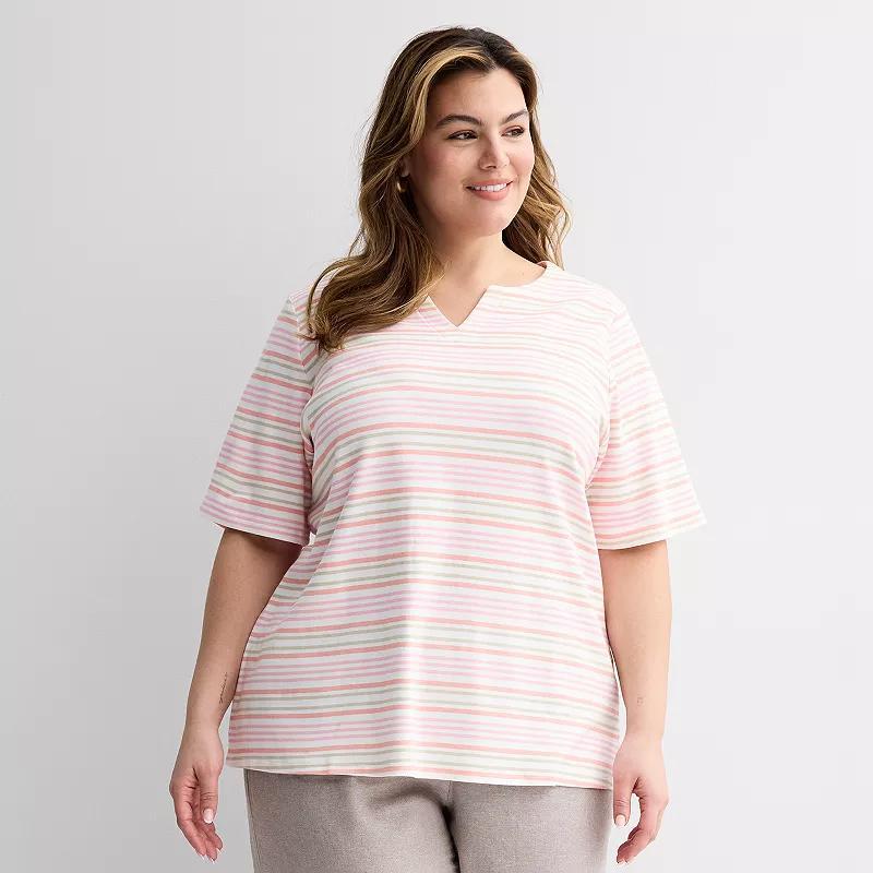 Plus Size Croft & Barrow® Elbow Sleeve Split Neck Top, Women's, Size: 1XL, Blue  Pink Product Image