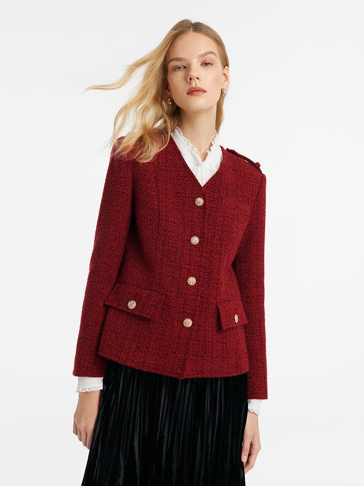 V-Neck Single-Breasted Tweed Women Jacket Product Image
