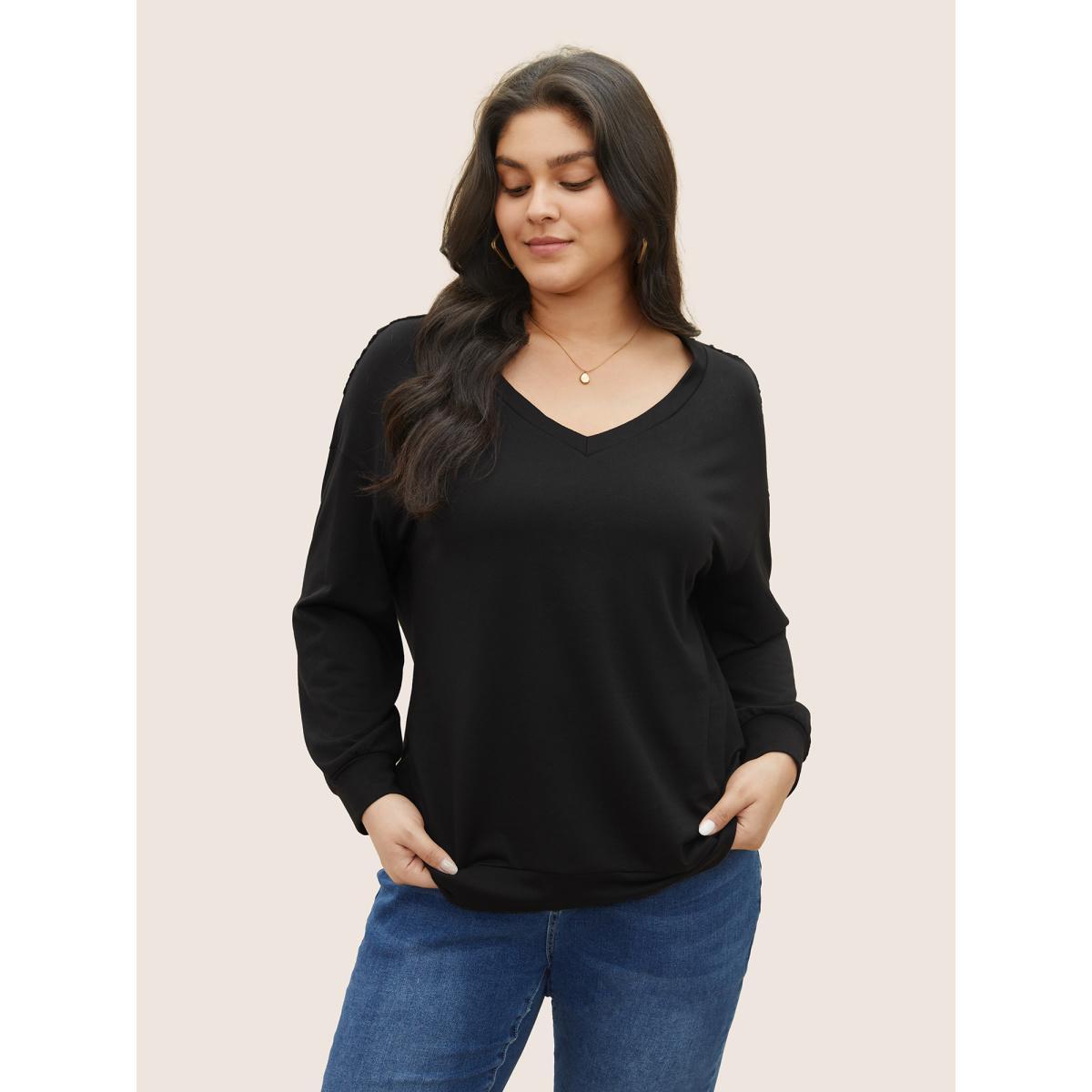 Plus Size Solid V Neck Cut Out Back Sweatshirt Women Black Elegant Non V-neck Everyday Sweatshirts BloomChic 28/5X Product Image