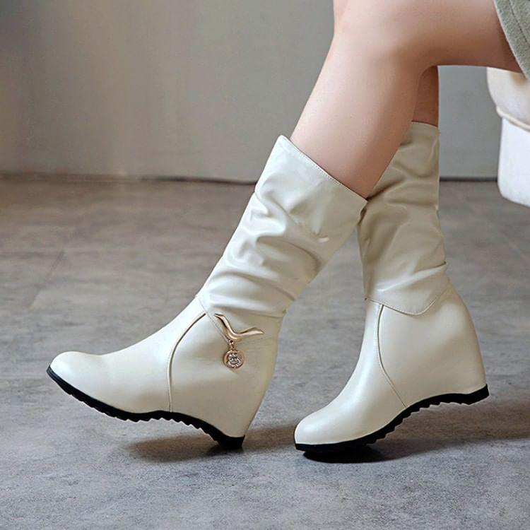 Hidden Wedge Faux Leather Mid Calf Boots Product Image
