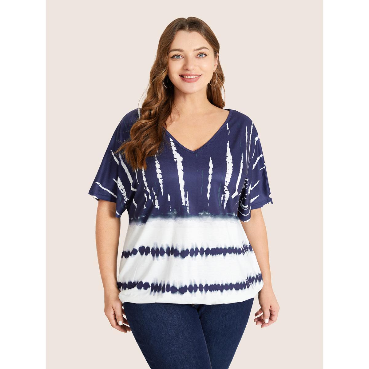 Plus Size Tie Dye Batwing Sleeve T-shirt Indigo Women Casual Tie Dye V-neck Everyday T-shirts BloomChic 18-20/2X Product Image