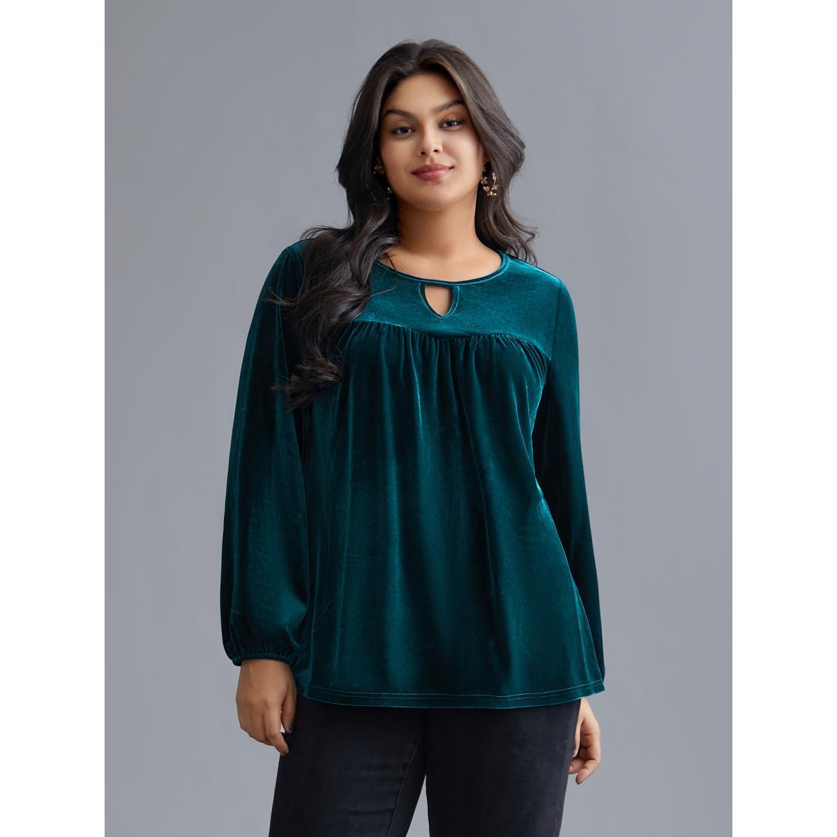 Plus Size Aegean Plain Hollow Out Gathered Velvet Blouse Women Cocktail Long Sleeve Round Neck Party Blouses BloomChic 28/5X Product Image