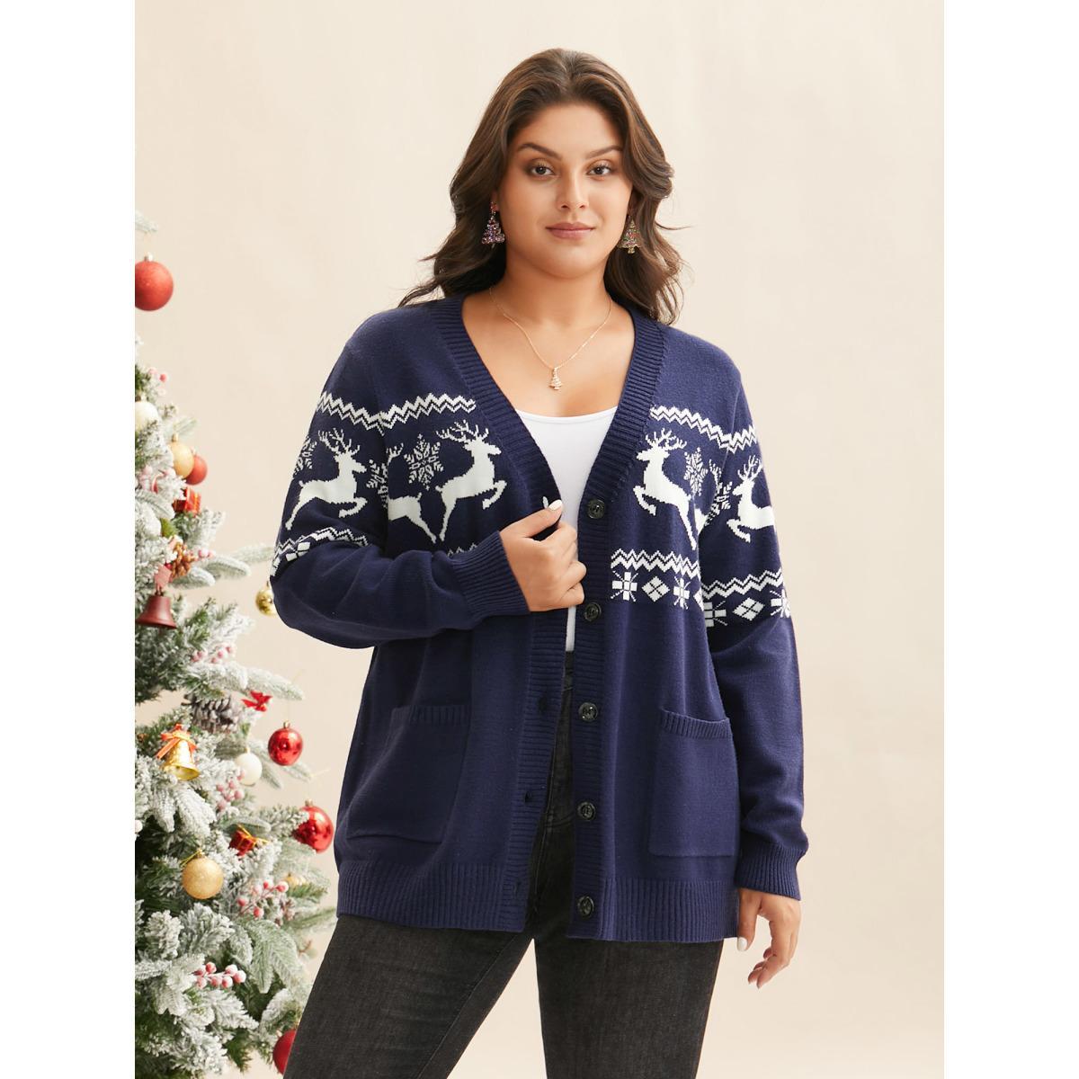 Plus Size Supersoft Essentials Holiday Patterns Button Front Cardigan Indigo Women Casual Loose Long Sleeve Everyday Cardigans BloomChic 12/L Product Image