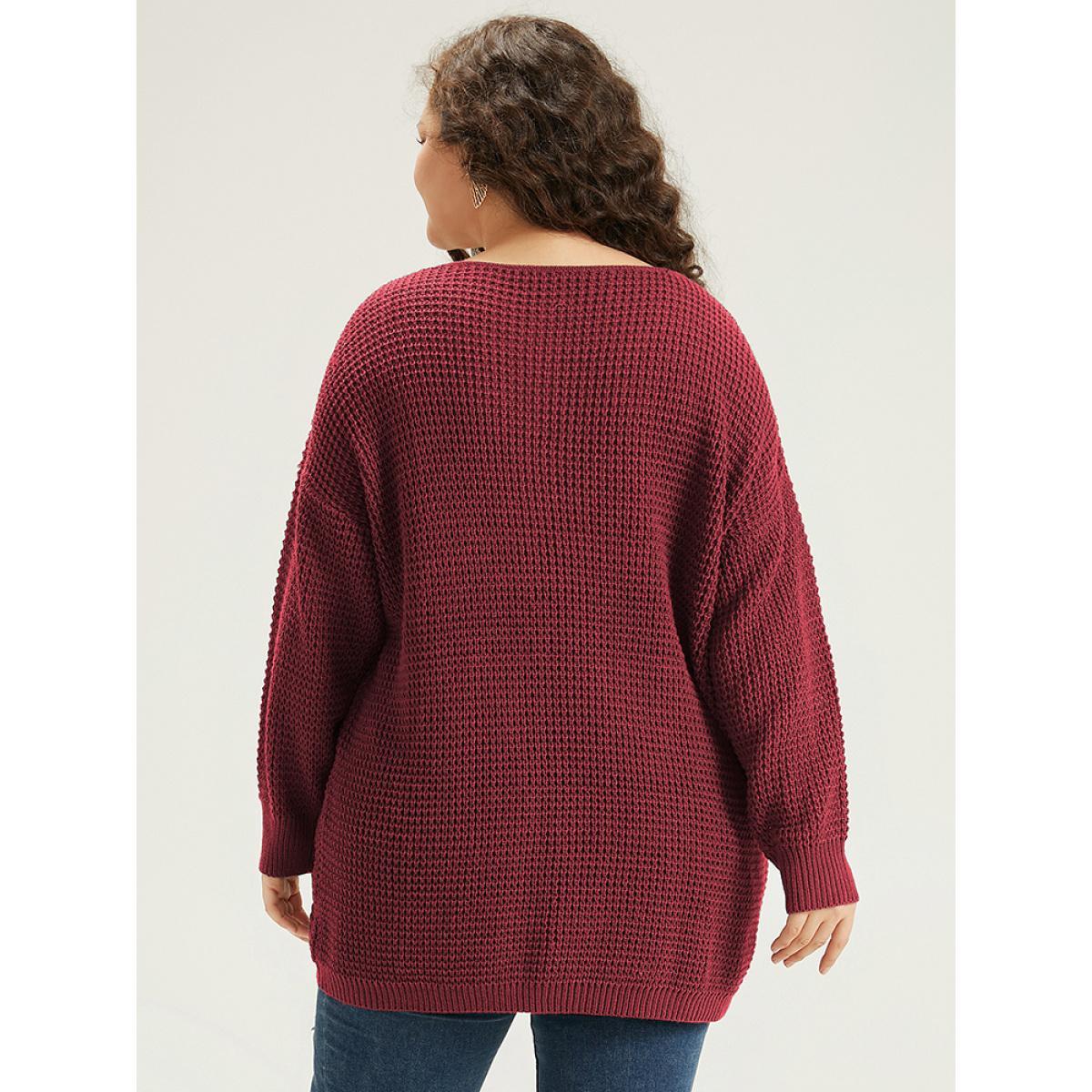 Plus Size Cable Knit Plain Elastic Cuffs Pullover Burgundy Women Casual Loose Long Sleeve V-neck Dailywear Pullovers BloomChic 18-20/2X Product Image