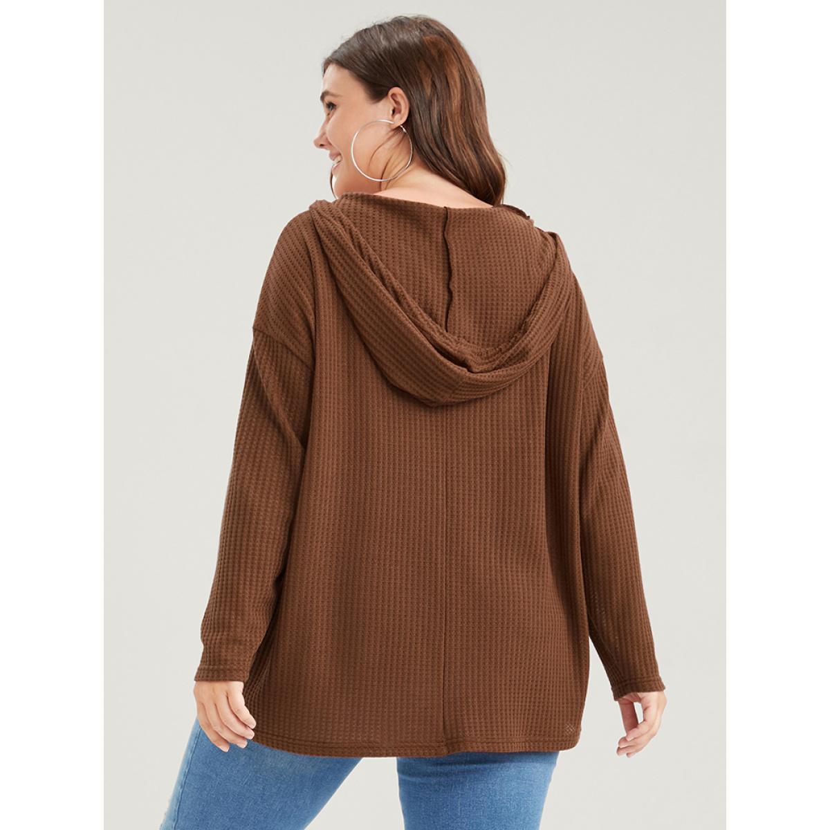 Plus Size Plain Ties Waffle Knit Hooded Sweatshirt Women Chocolate Casual Plain Hooded Dailywear Sweatshirts BloomChic 30/6X Product Image
