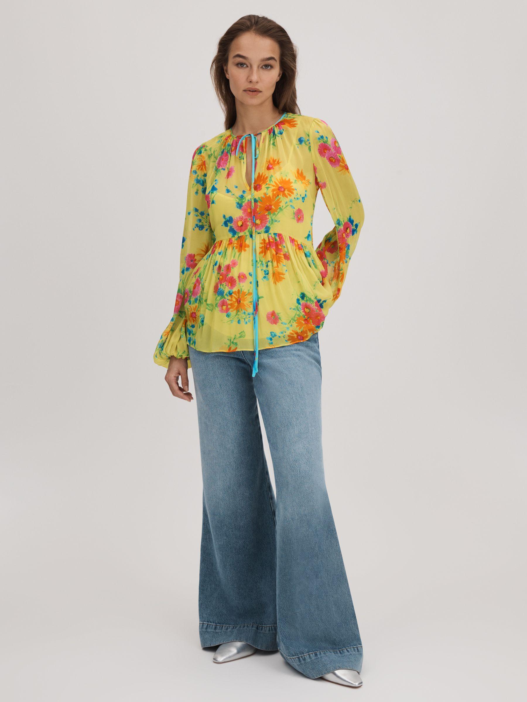 Florere Printed Tie Neck Blouse in Lime Product Image