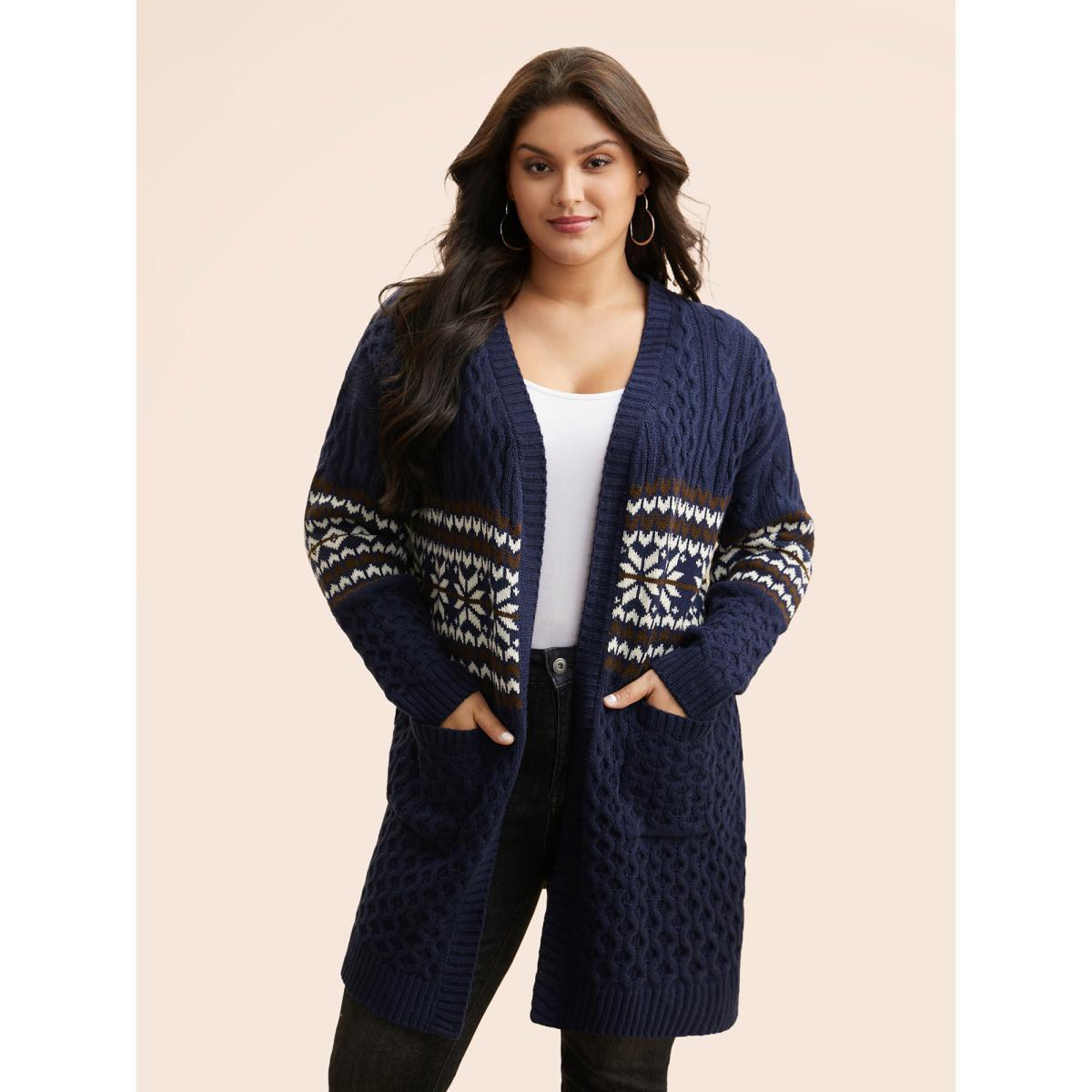 Plus Size Bandana Cable Knit Contrast Pocket Cardigan Midnight Women Casual Loose Long Sleeve Everyday Cardigans BloomChic 22-24/3X Product Image