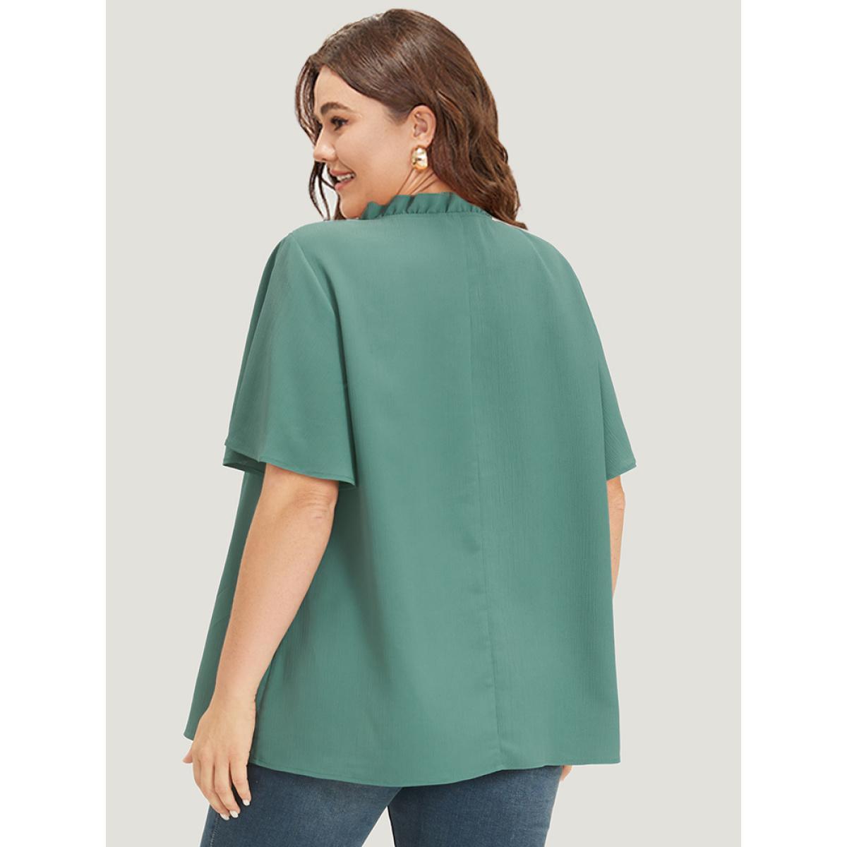 Plus Size Aegean Plain Shirred Button Through Frill Trim Stand Collar Blouse Women Elegant Short sleeve V-neck Dailywear Blouses BloomChic 26/4X Product Image