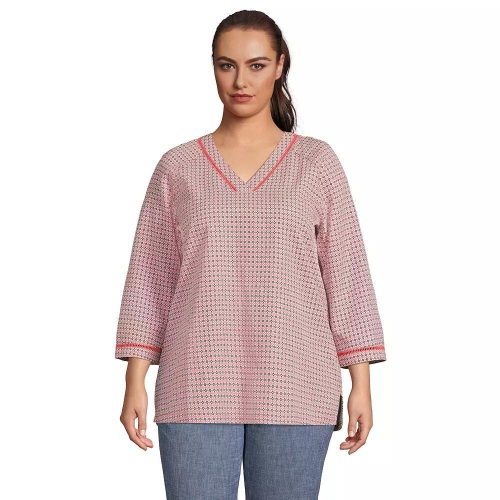 Plus Size Lands' End 3/4 Sleeve V Neck Tunic Top, Women's, Size: 1XL, Wood Lily Tile Geo Product Image