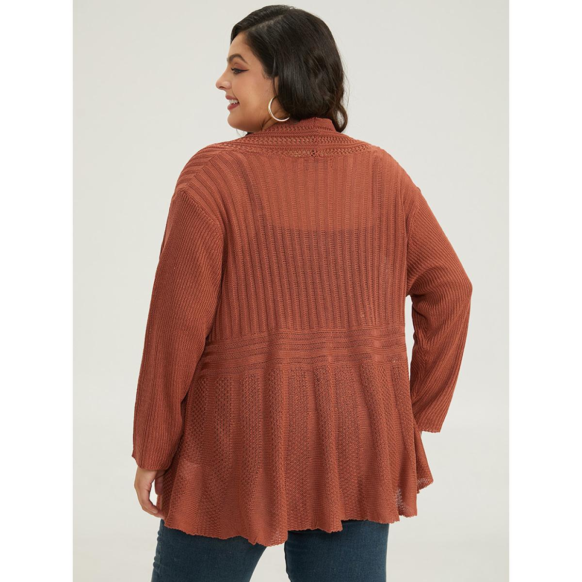 Plus Size Plain Hollow Out Drop Shoulder Open Front Cardigan Chocolate Women Casual Loose Long Sleeve Everyday Cardigans BloomChic 12/L Product Image
