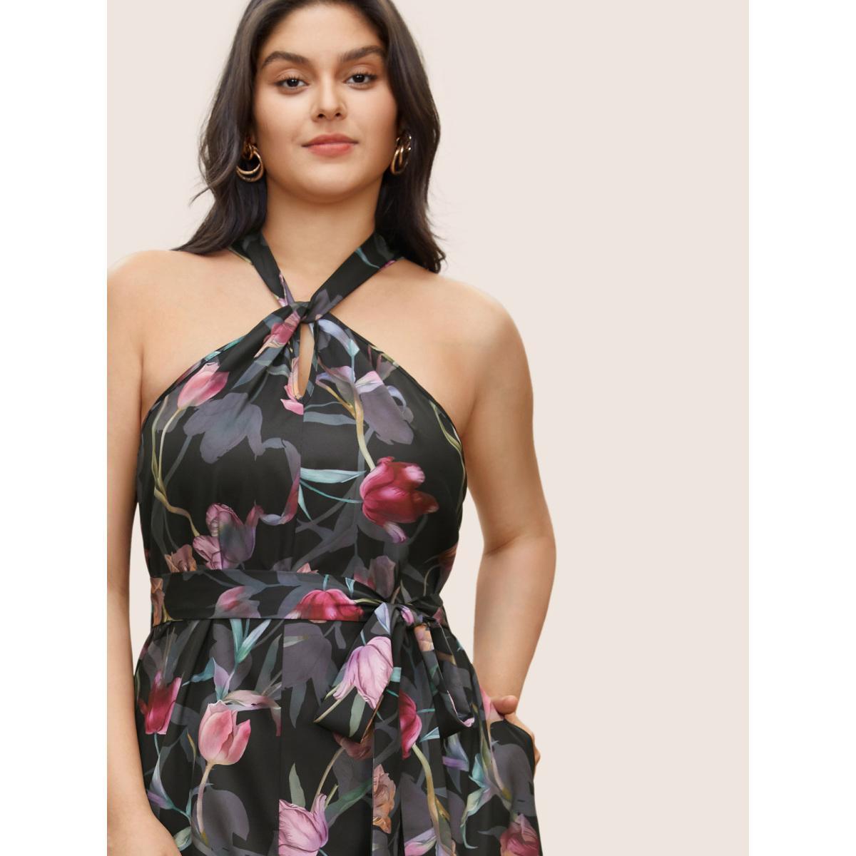Plus Size Floral Halter Belted Twist Front Pocket Dress BlackFlower Women Elegant Belted Halter neck Sleeveless Curvy Midi Dress BloomChic 30/6X Product Image
