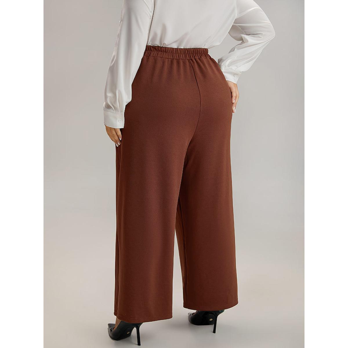 Plus Size Plain Button Detail Straight Leg Pants Women DarkBrown Office Straight Leg High Rise Work Pants BloomChic 18-20/2X Product Image