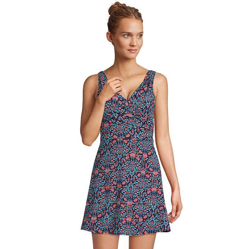 Women's Lands' End Tummy Control Surplice Faux-Wrap One-Piece Swim Dress, Size: 2, Blue Geo Border Product Image