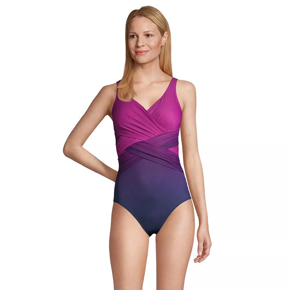 Women's Lands' End SlenderSuit Tummy Control Surplice One-Piece Swimsuit, Size: 12 LONG, Purple Navy Ombre Product Image