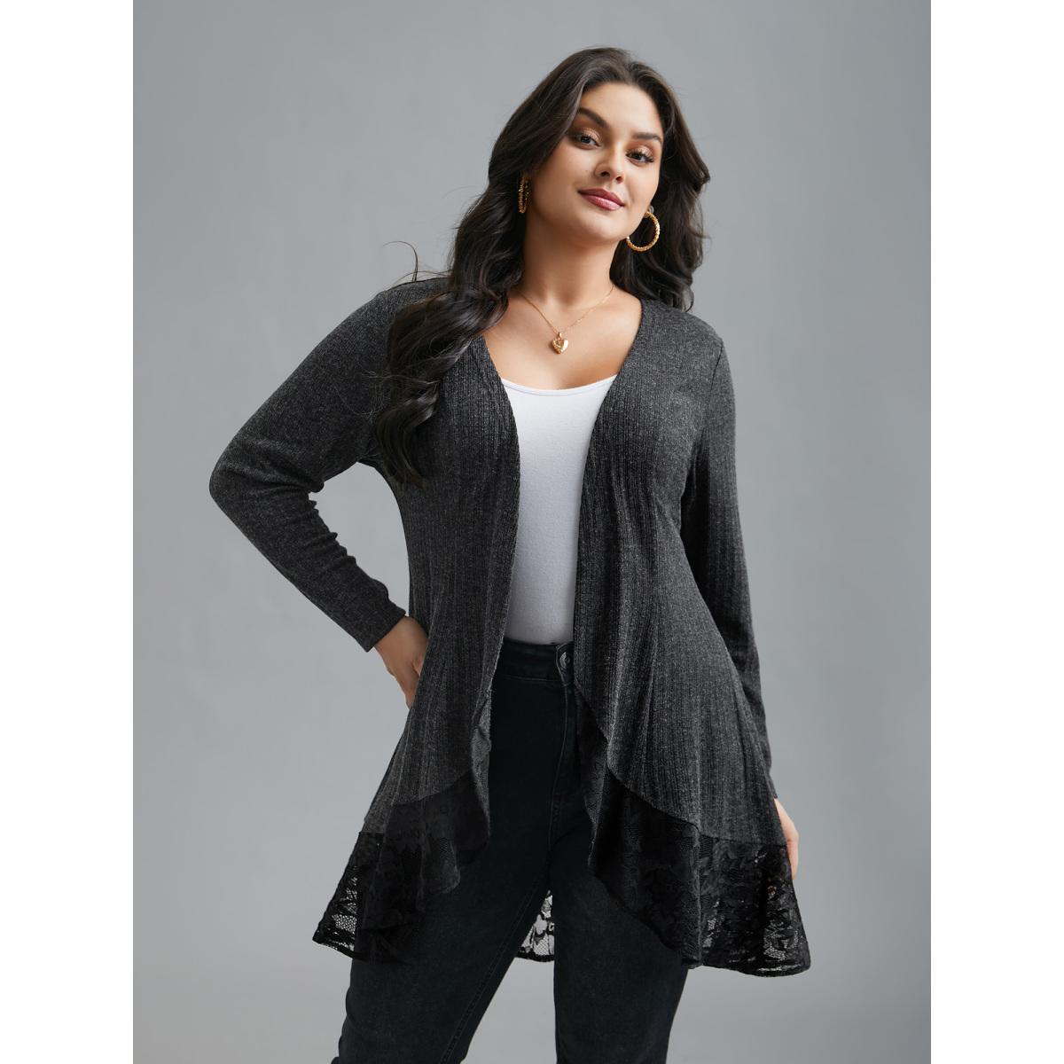 Plus Size Lace Scalloped Open Front Cardigan Women Black Texture Loose Everyday Jackets BloomChic 12/L Product Image