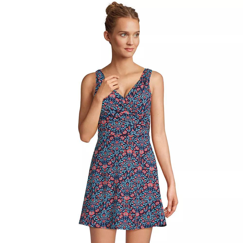 Women's Lands' End Tummy Control Surplice Faux-Wrap One-Piece Swim Dress, Size: 2, Blue Geo Border Product Image