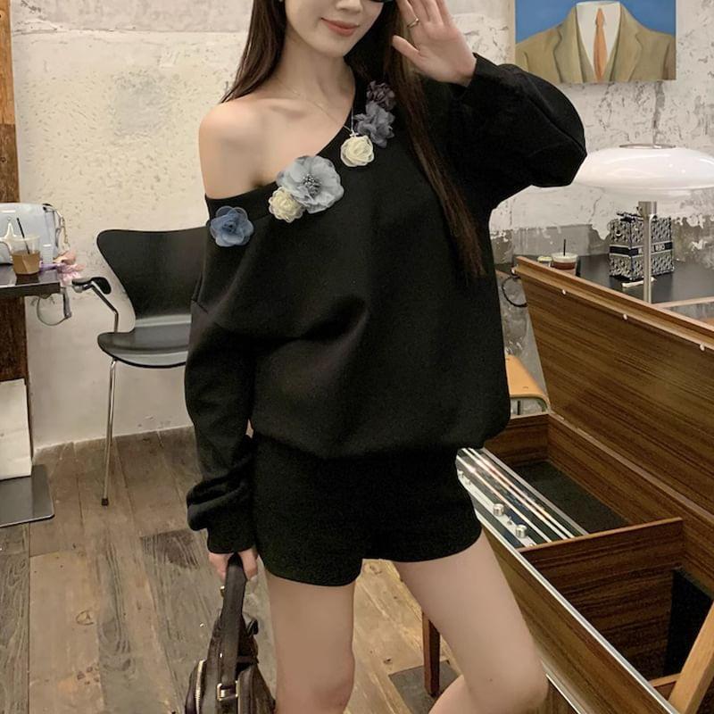 Off-Shoulder Asymmetrical Floral Accent Sweatshirt Product Image
