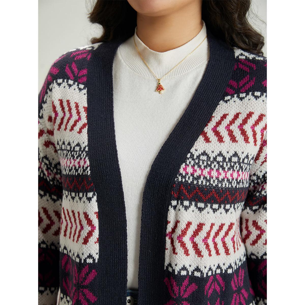Plus Size Geo Print Open Front Patchwork Cardigan Multicolor Women Casual Loose Long Sleeve Festival-Christmas Cardigans BloomChic 18-20/2X Product Image