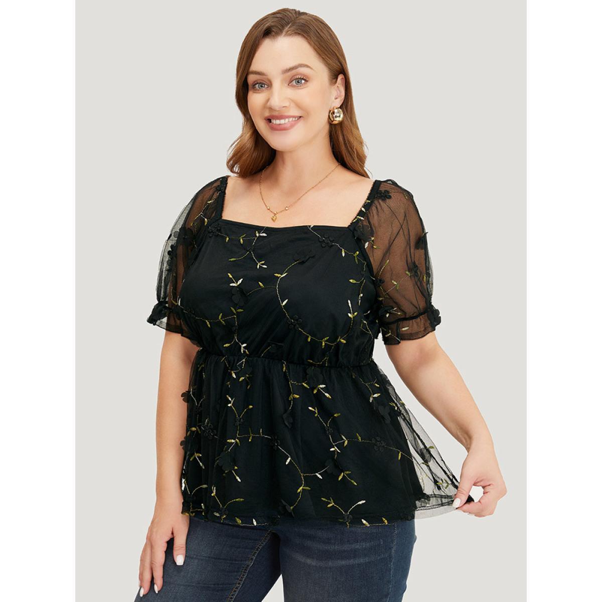 Plus Size BlackFlower Plant Embroidered Appliques Mesh Puff Sleeve Blouse Women Party Short sleeve Square Neck Going out Blouses BloomChic 30/6X Product Image