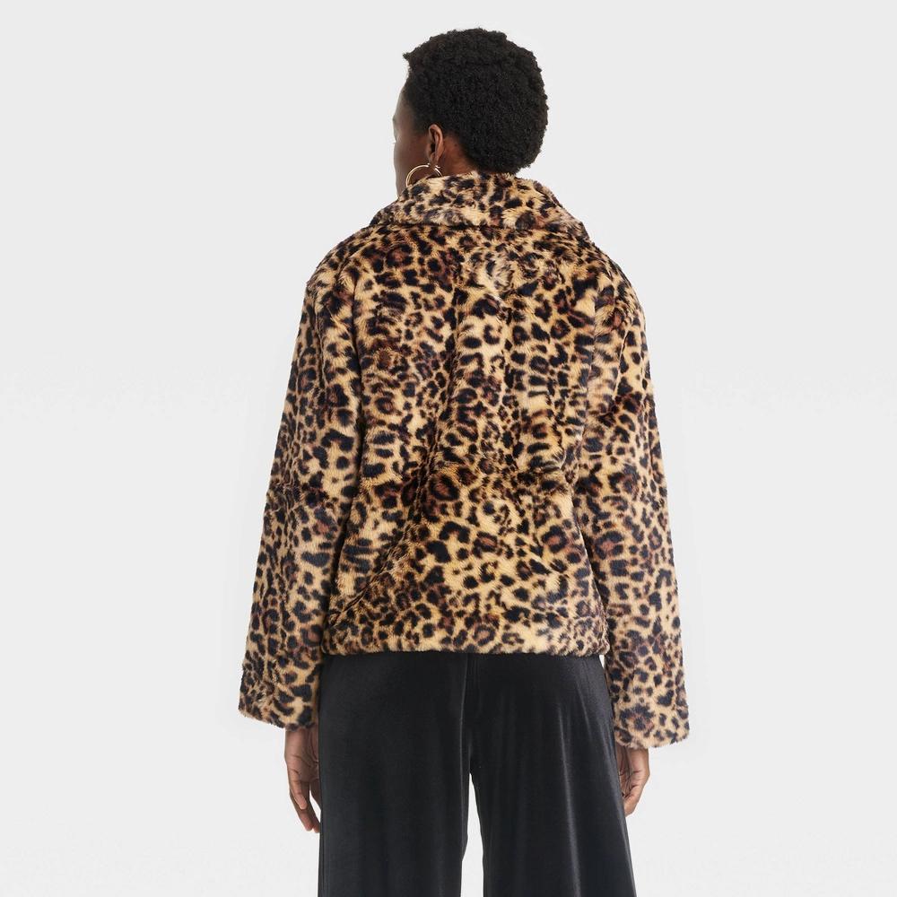 Women's Faux Fur Jacket - A New Day™ Brown Leopard Print M Product Image