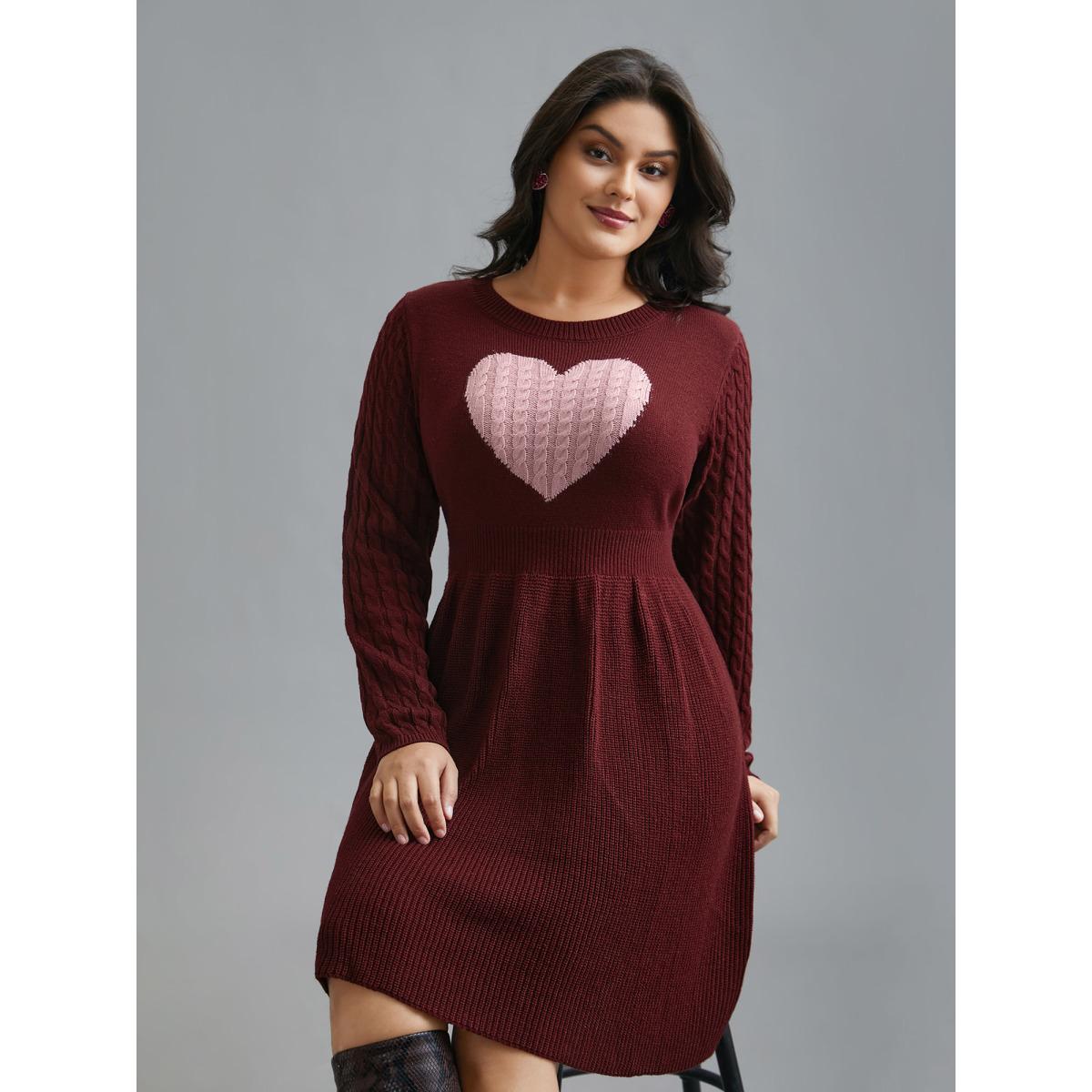 Plus Size Heart Motif Contrast Textured Dress Deepred Women Elegant Bodycon Long Sleeve Everyday Sweater Dresses BloomChic 28/5X Product Image