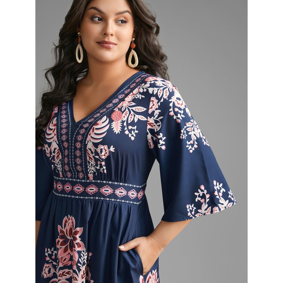 Plus Size Boho Print Ruffle Sleeve Shirred Dress Navy Women Resort Shirred V-neck Elbow-length sleeve Curvy BloomChic 14-16/1X Product Image