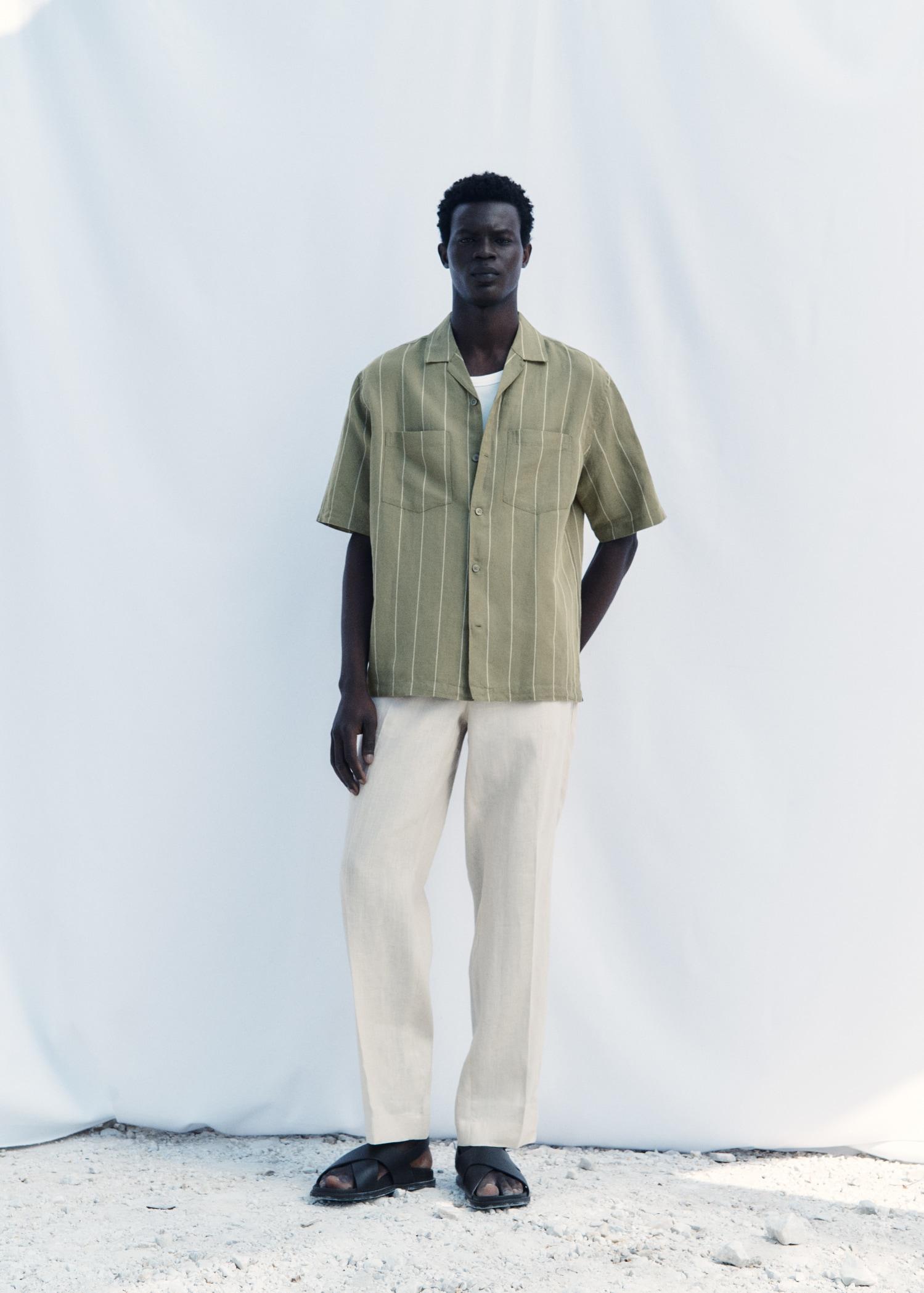 Linen bowling shirt with pinstripes - Men | MANGO USA Product Image