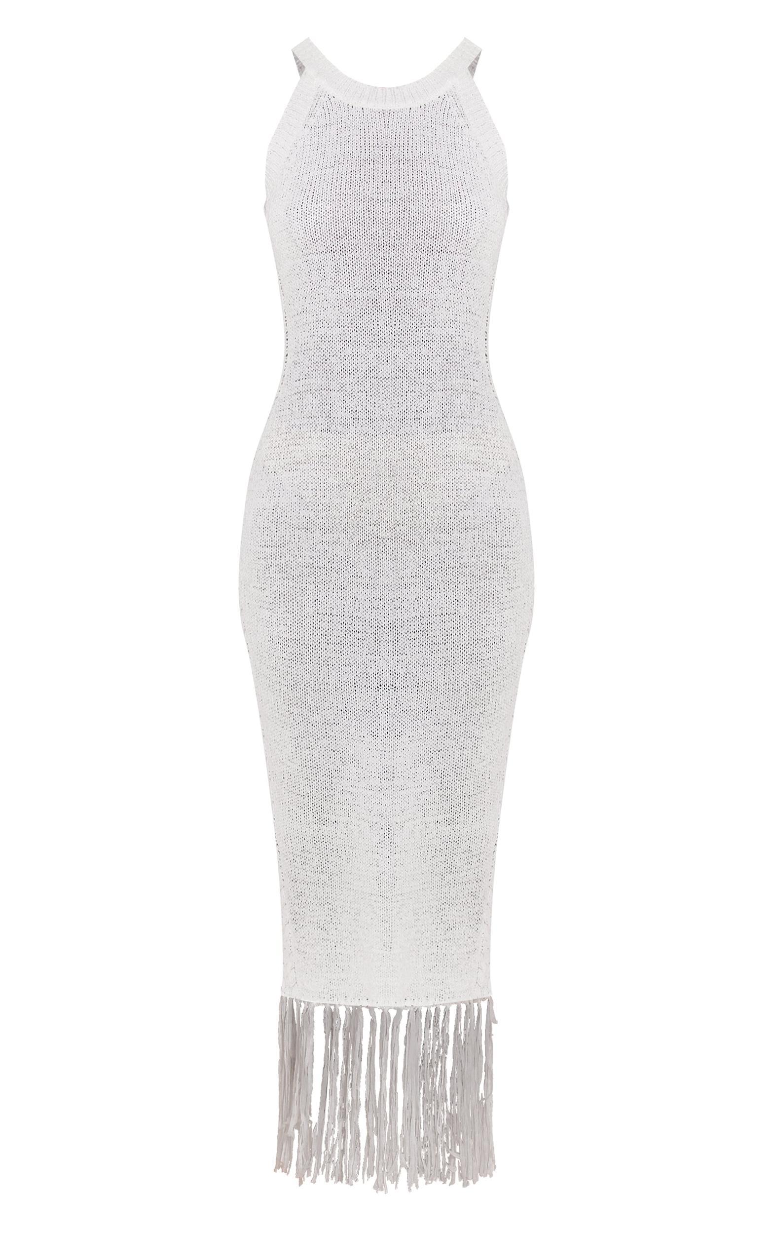 White High Neck Maxi Fringe Knit Dress Product Image