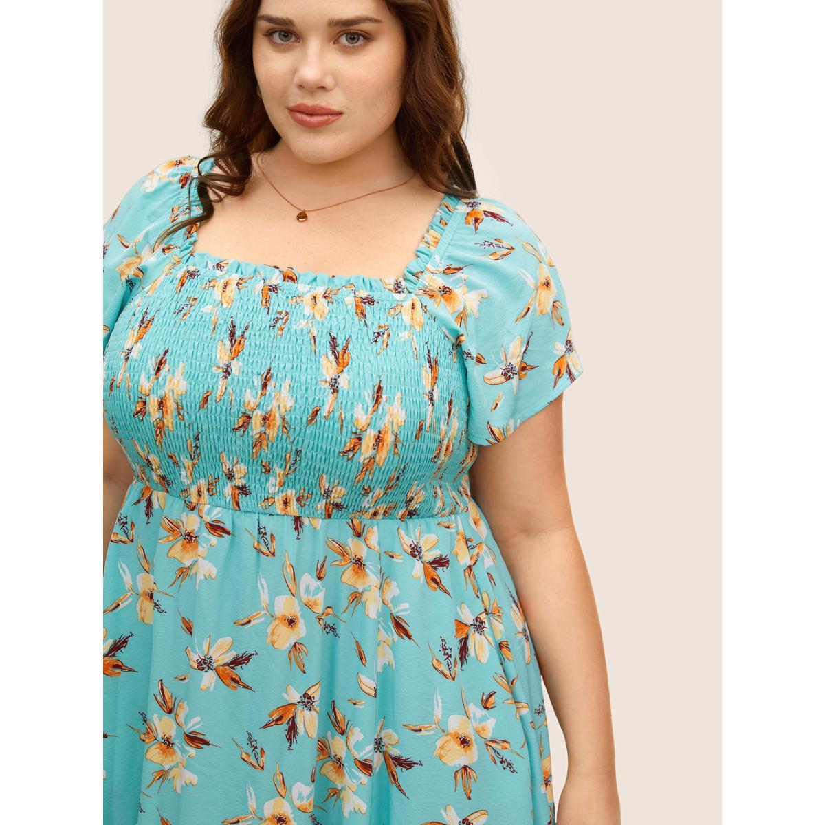 Plus Size Floral Shirred Elastic Waist Split Hem Dress Turquoise Women Elegant Frill Trim Square Neck Short sleeve Curvy BloomChic 14-16/1X Product Image