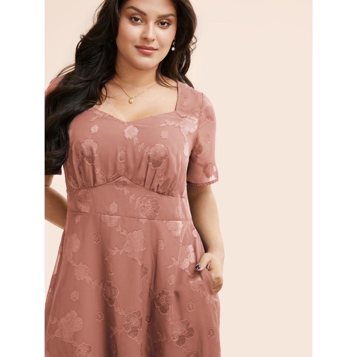 Plus Size Heart Neck Floral Mesh Textured Dress Crepe Women Elegant Texture Heart neckline Short sleeve Curvy BloomChic 14-16/1X Product Image