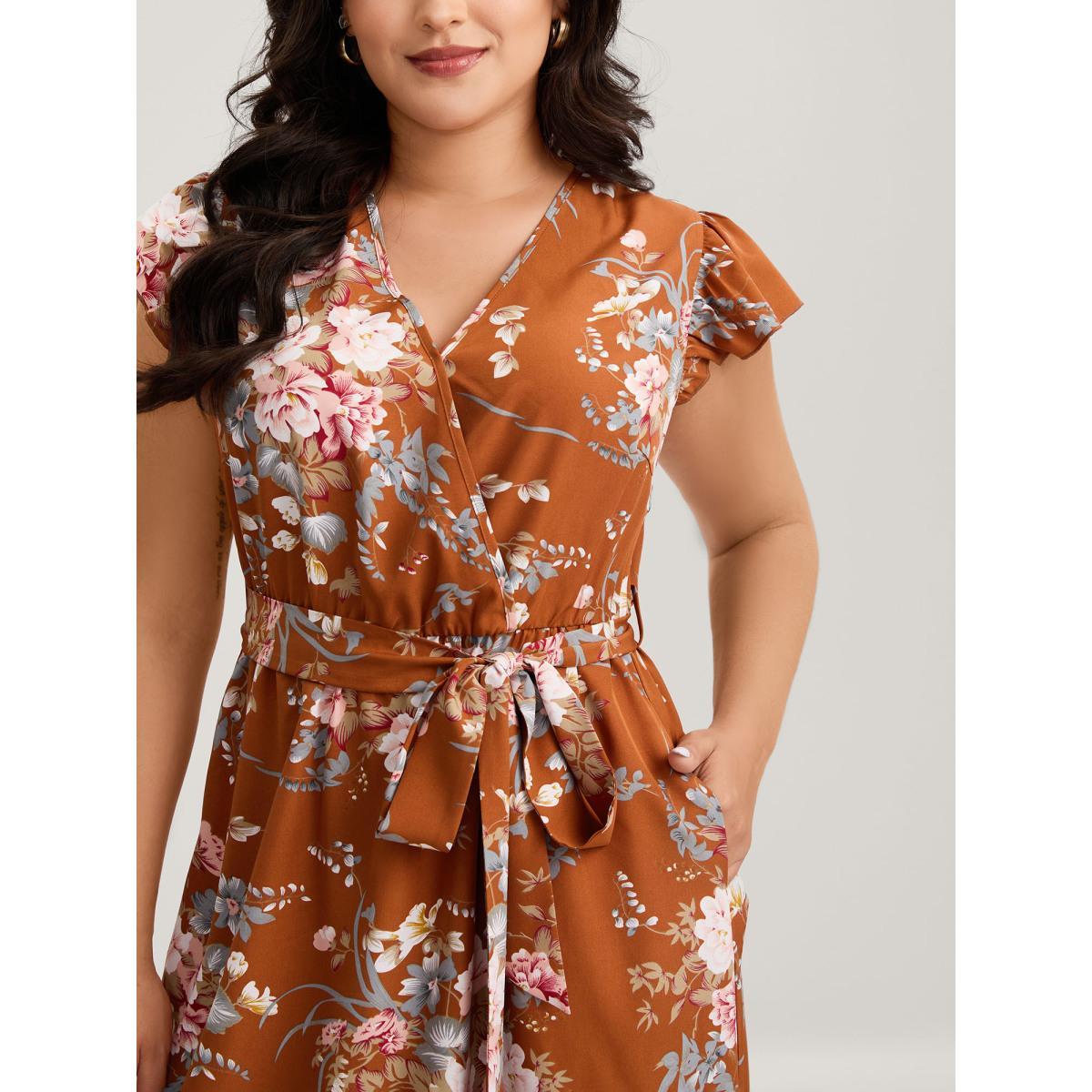 Plus Size Midnight Blooms Wrap A-Line Midi Dress Russet Women Overlap Collar Cap Sleeve Curvy BloomChic 28/5X Product Image