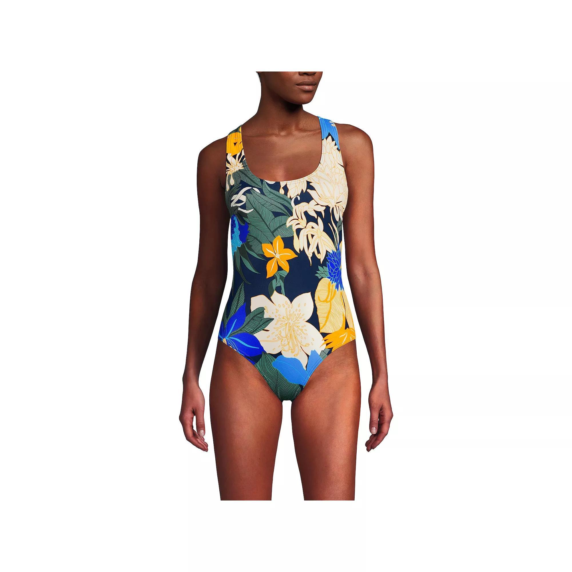 Womens Lands End Chlorine Resistant Scoop Neck Sporty One-Piece Swimsuit Blue Floral Blooms Product Image