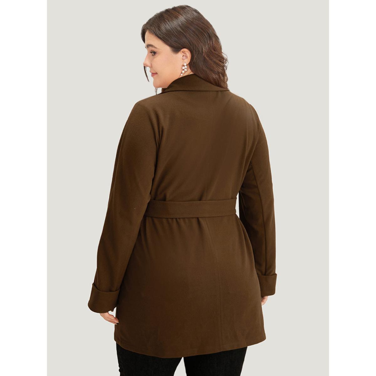Plus Size Plain Lapel Collar Pocket Belted Coat Women DarkBrown Casual Plain Ladies Dailywear Winter Coats BloomChic 26/4X Product Image