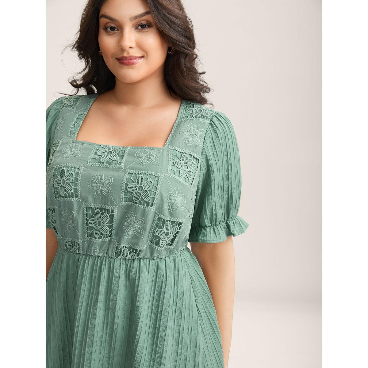 Plus Size Lace Cut-Out Pockets Midi Dress Aquamarine Women Square Neck Short sleeve Curvy BloomChic 22-24/3X Product Image