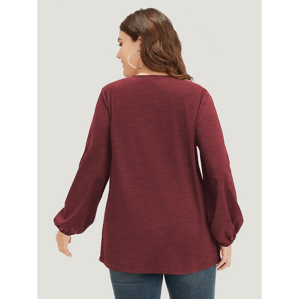 Plus Size Floral Patchwork Crew Neck Raglan Sleeve Sweatshirt Women Burgundy Elegant Elastic cuffs Round Neck Dailywear Sweatshirts BloomChic 18-20/2X Product Image