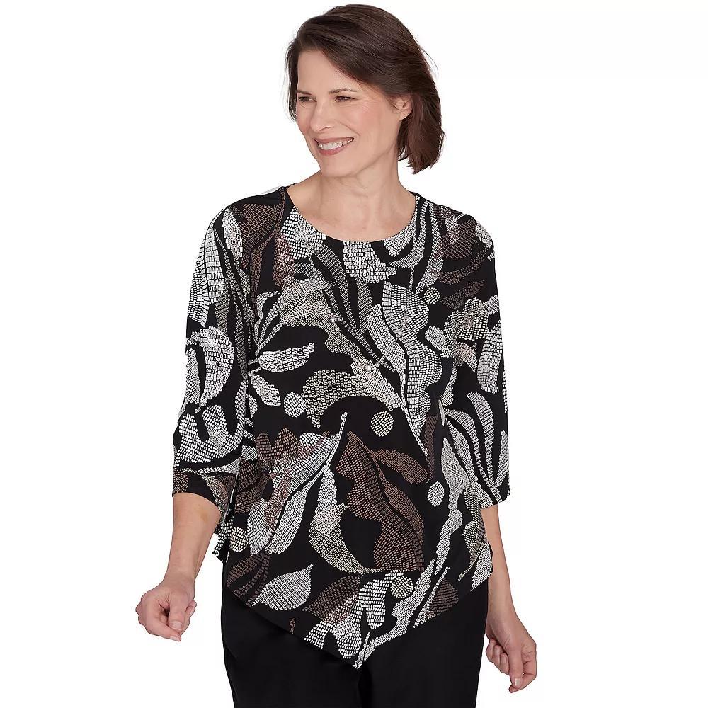 Petite Alfred Dunner Textured Leaf Top With Necklace, Women's, Size: Large Petite, Black Product Image