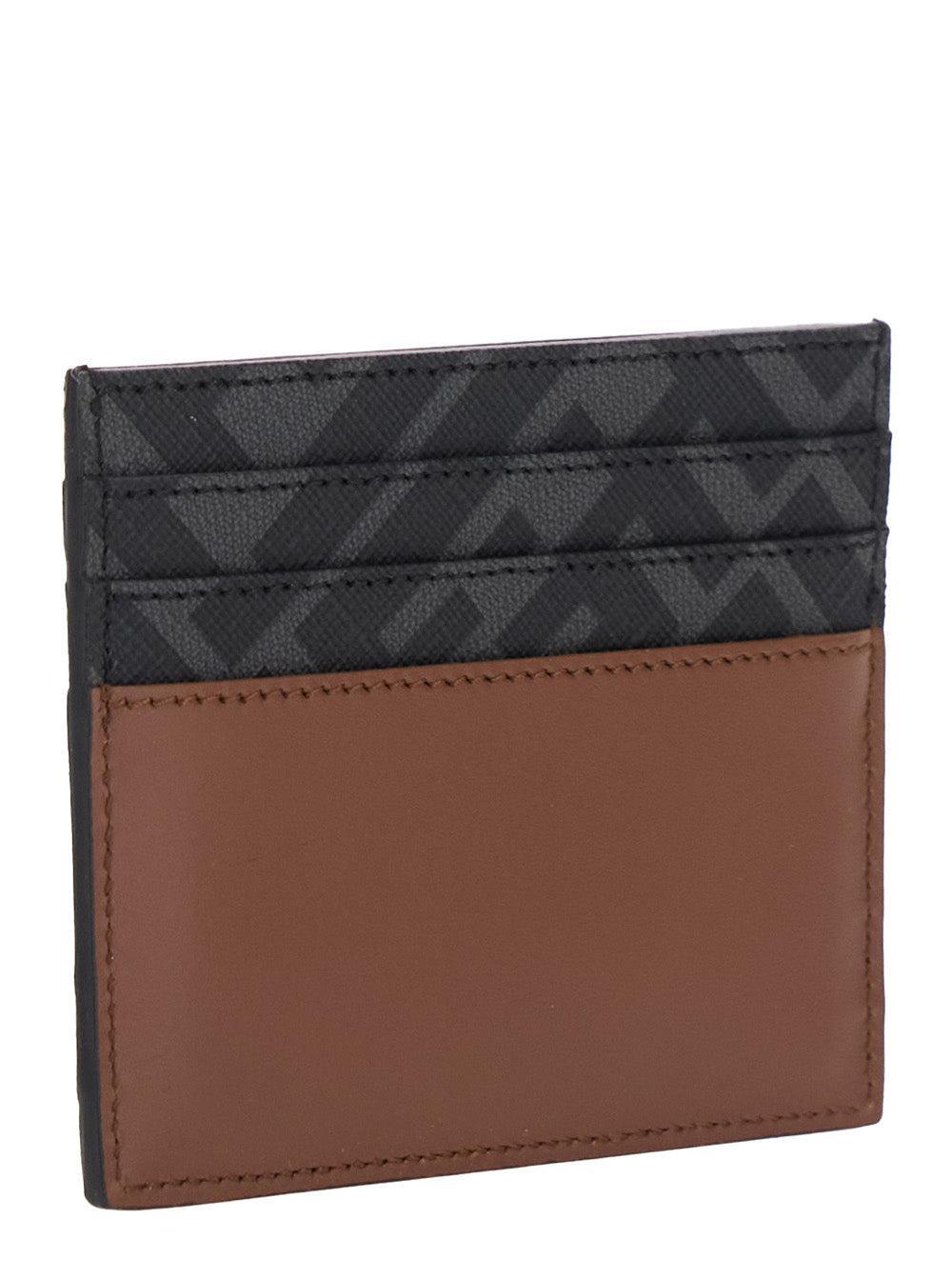 FENDI Leather And Ff Canvas Squared Card Holder In Brown Product Image