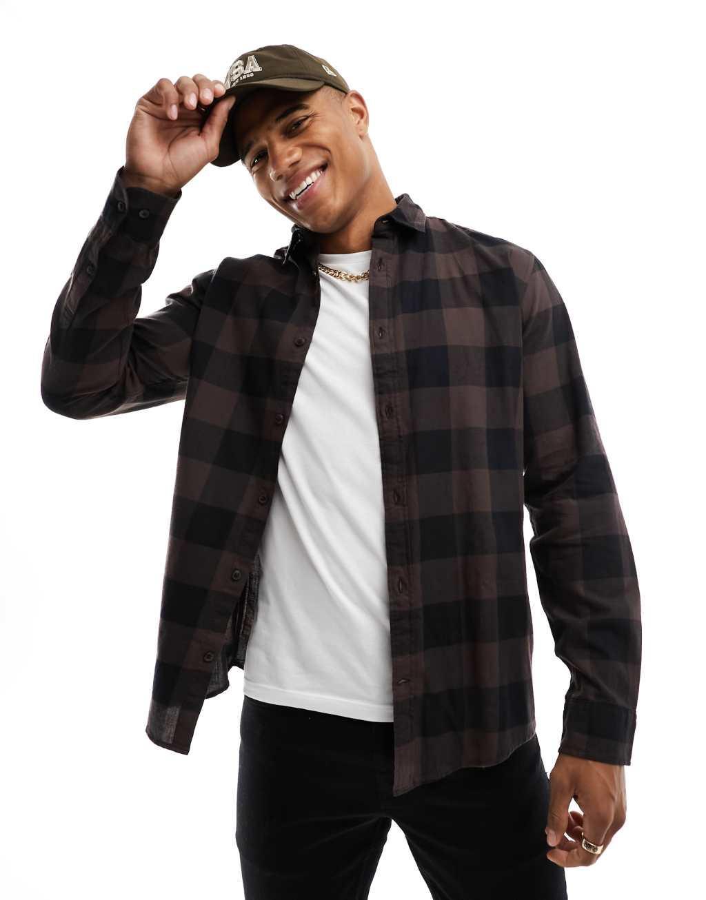 Jack & Jones Essentials flannel buffalo check shirt in black & white  Product Image