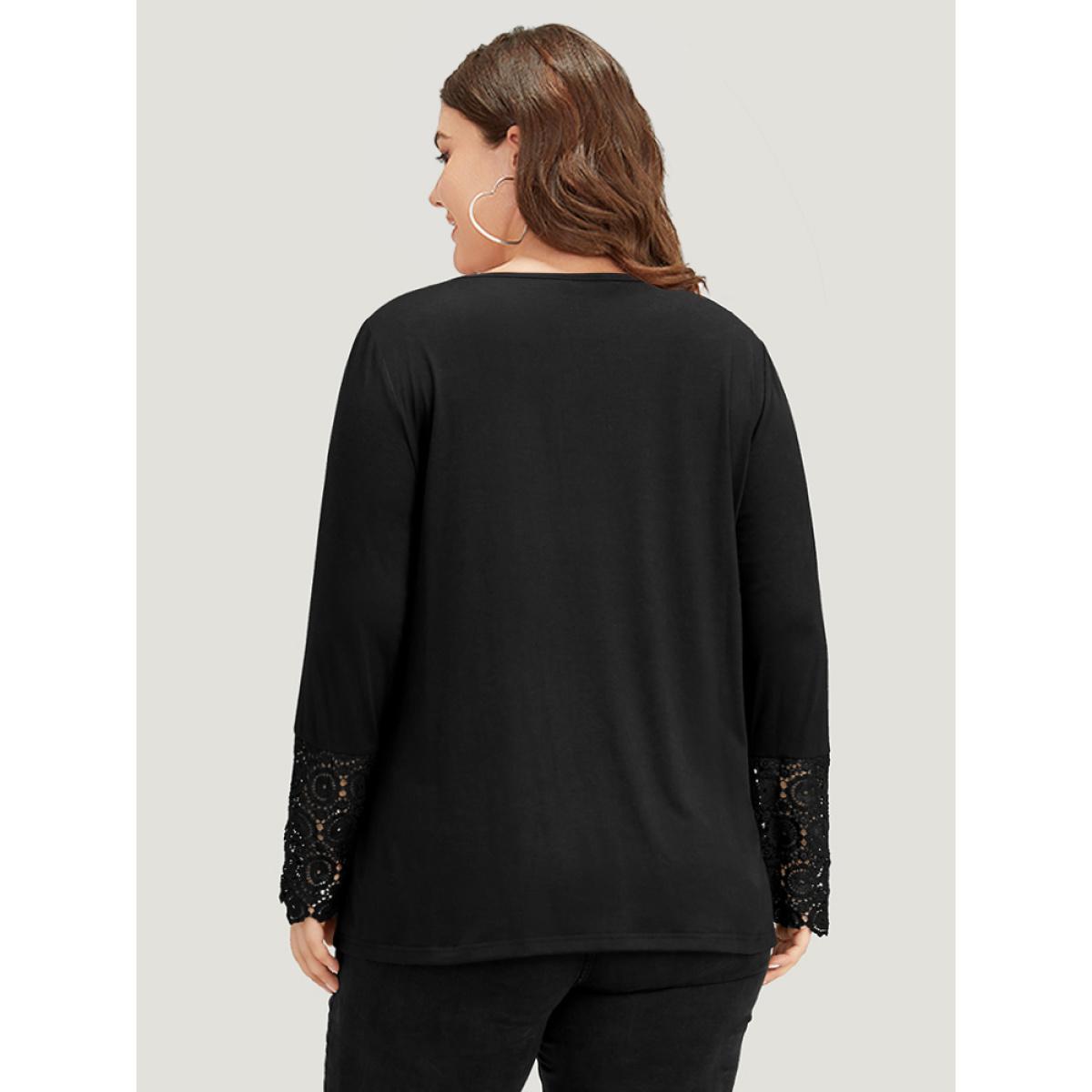 Plus Size Halloween Solid Round Neck Button Up Lace Panel T-shirt Black Women Elegant Plain Plain Open Front Everyday T-shirts BloomChic 10/M Product Image