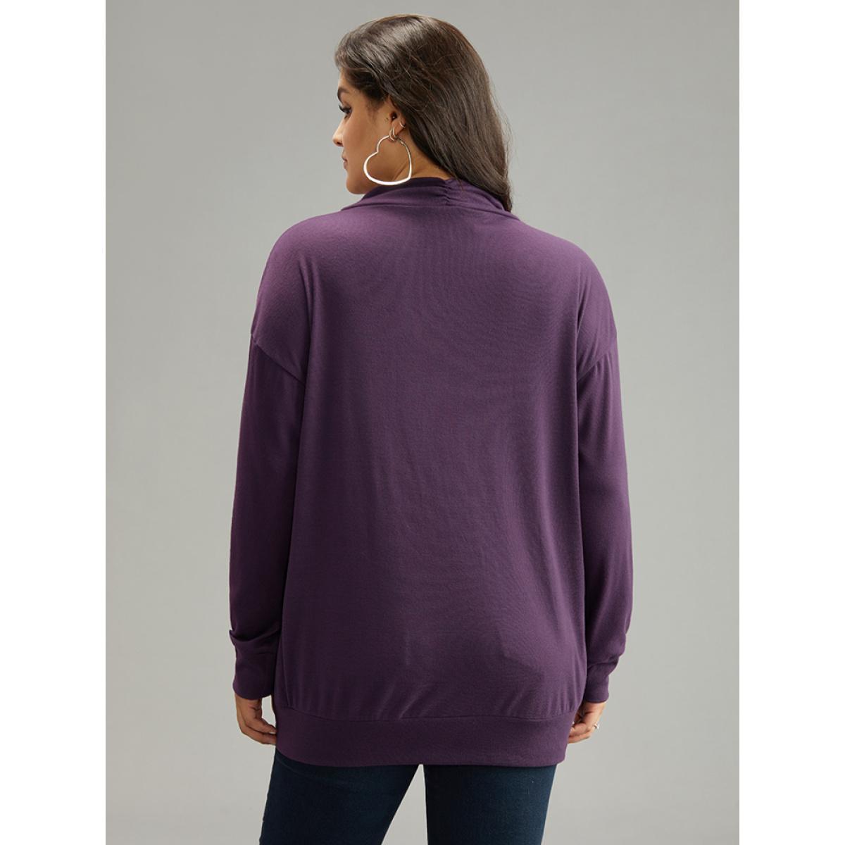 Plus Size Plain Cowl Neck Button Detail Sweatshirt Women Eggplant Casual Plain Overlap Collar Dailywear Sweatshirts BloomChic 28/5X Product Image