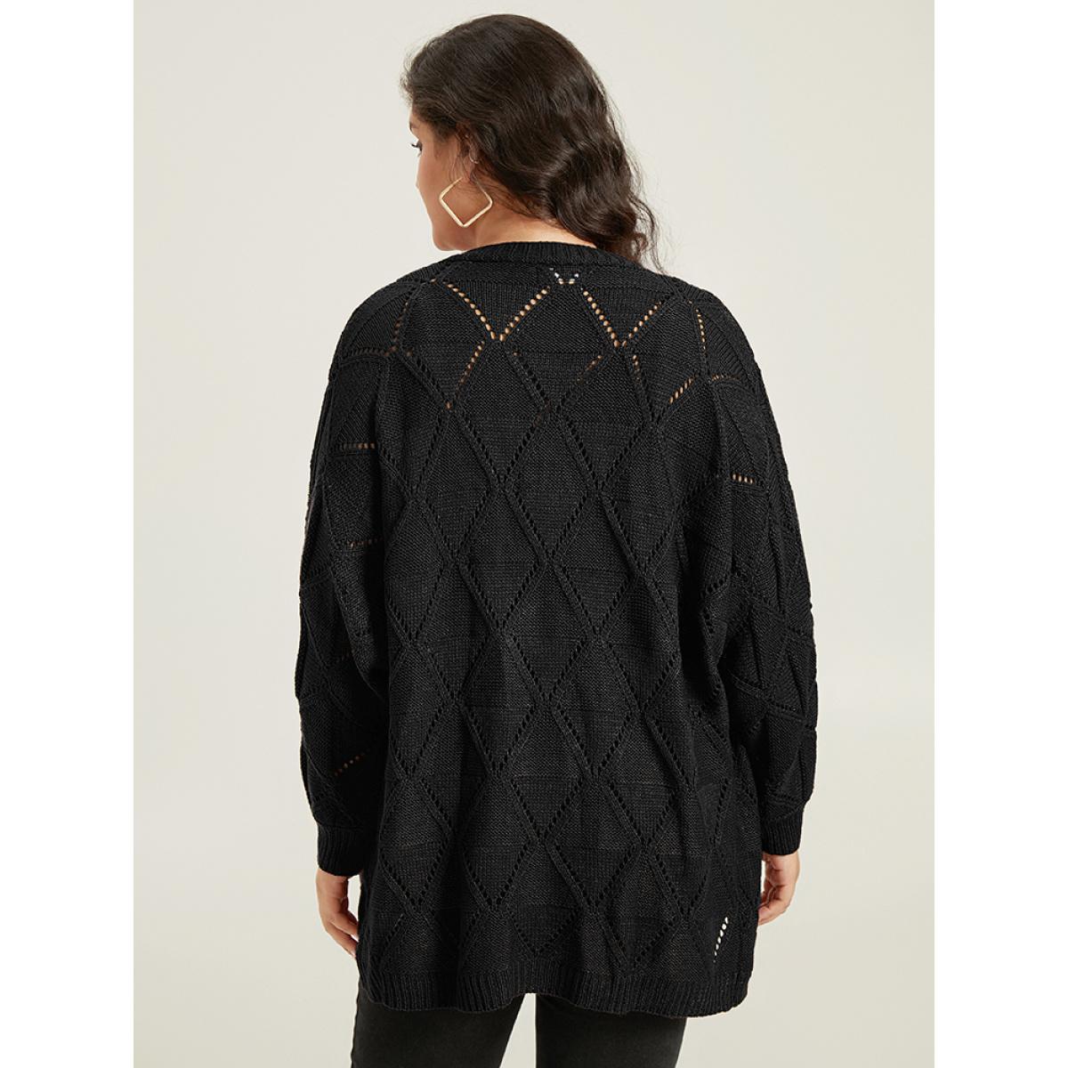 Plus Size Geometric Hollow Out Open Front Cardigan Black Women Casual Loose Long Sleeve Dailywear Cardigans BloomChic 14-16/1X Product Image