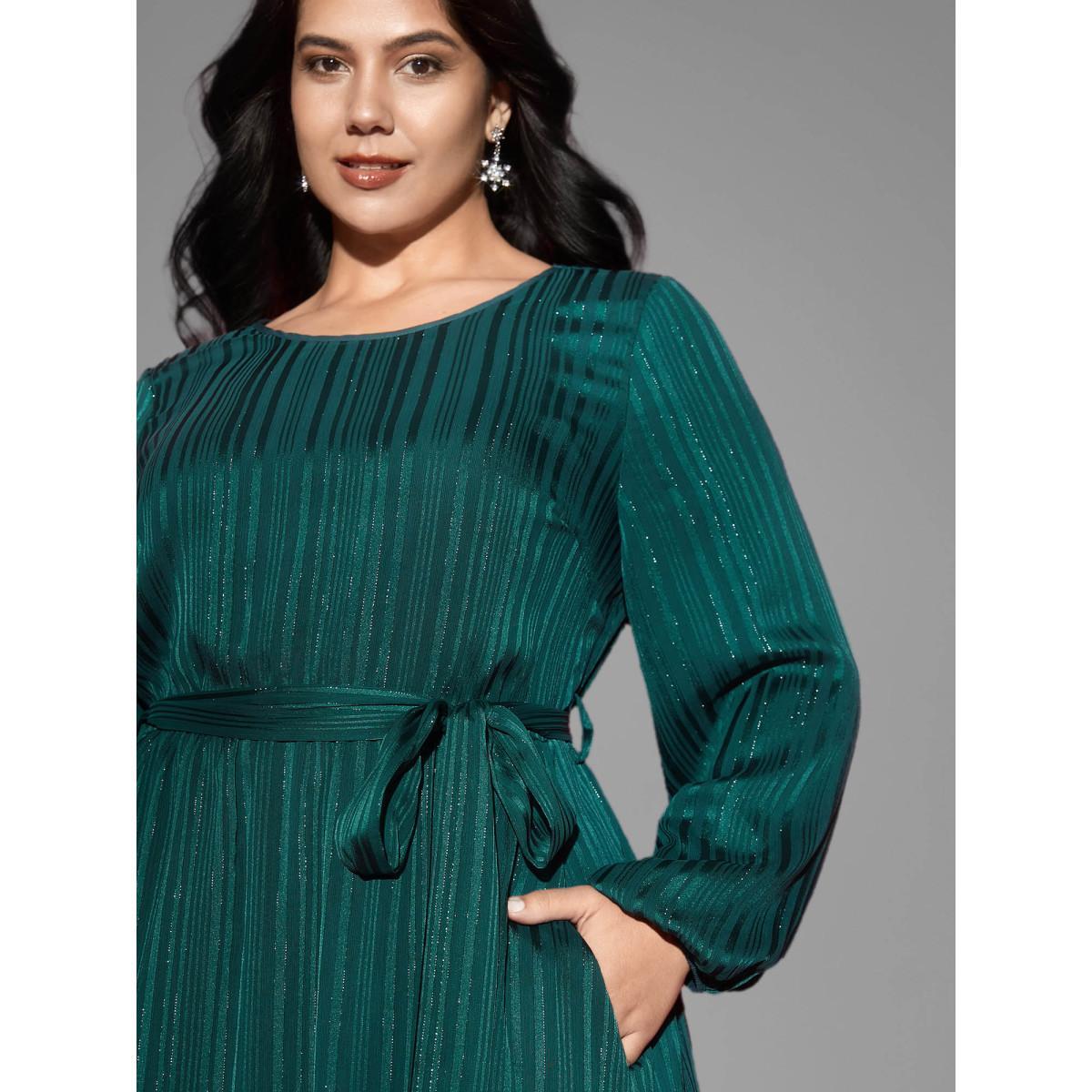 Plus Size Shimmery Silver Thread Waist-Tie Midi Dress Teal Women Cocktail Texture Round Neck Long Sleeve Curvy BloomChic 14-16/1X Product Image