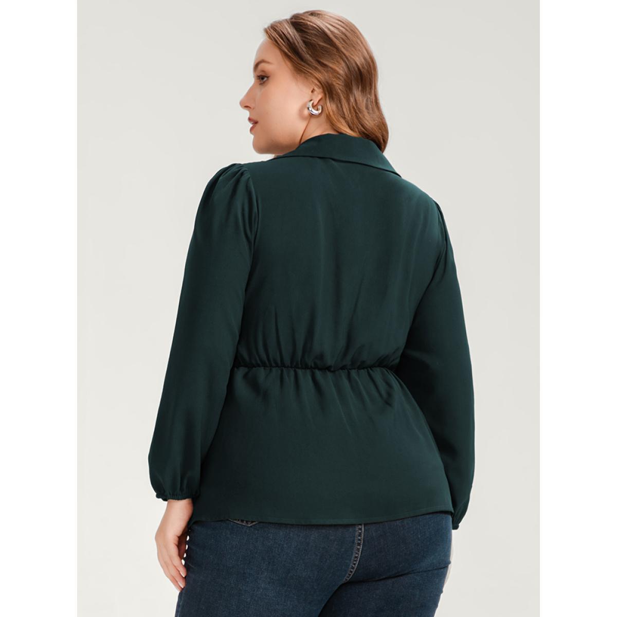 Plus Size DarkGreen Solid Lantern Sleeve Shirred Ruffles Blouse Women Office Long Sleeve Shirt collar Work Blouses BloomChic 22-24/3X Product Image