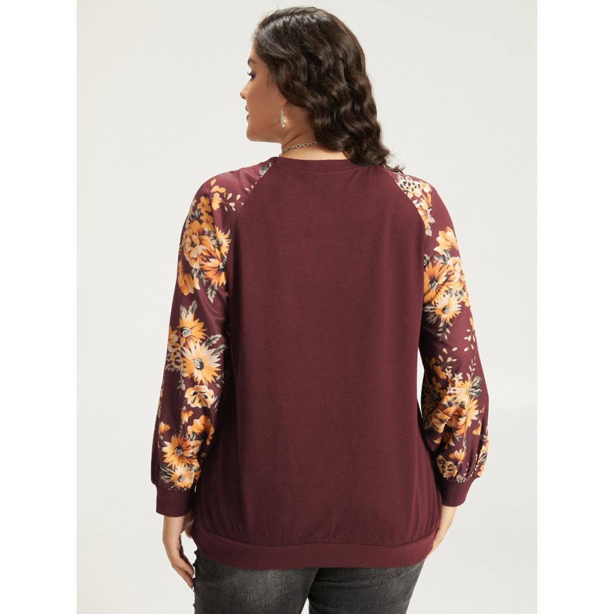 Plus Size Halloween Floral Patchwork Print Raglan Sleeve Sweatshirt Women Red Casual Elastic cuffs Round Neck Festival-Halloween Sweatshirts BloomChic 22-24/3X Product Image