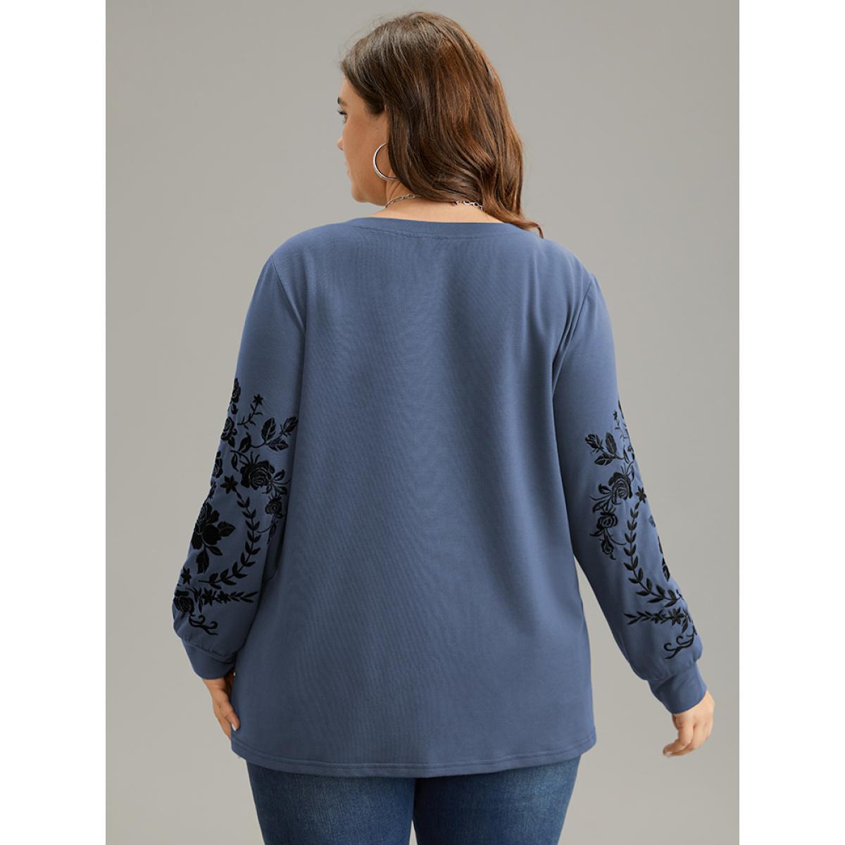 Plus Size Plants Embroidered Elastic Cuffs Crew Neck Sweatshirt Women Stone Casual Embroidered Round Neck Everyday Sweatshirts BloomChic 28/5X Product Image