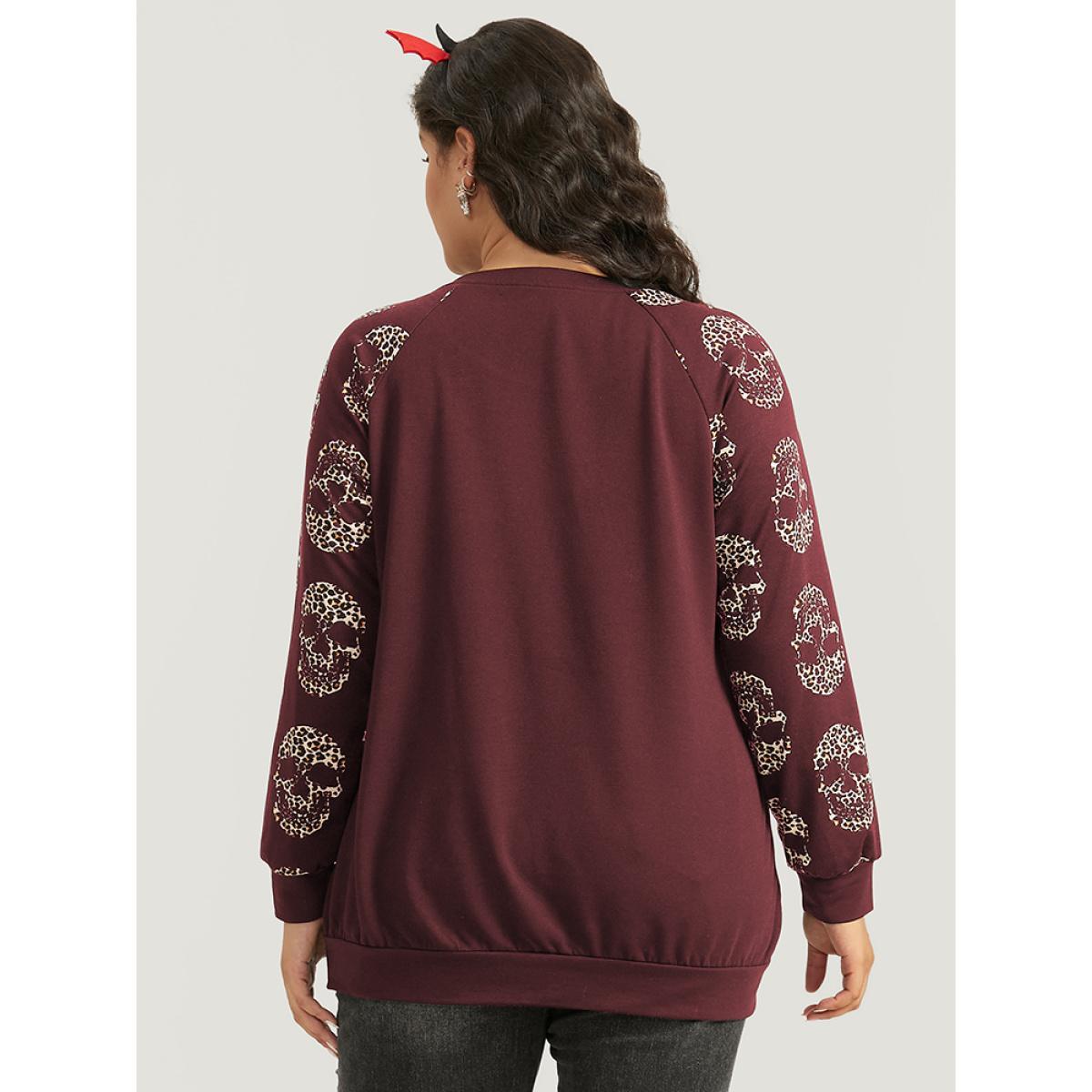 Plus Size Halloween Skull Print Crew Neck Raglan Sleeve Sweatshirt Women Burgundy Casual Elastic cuffs Round Neck Festival-Halloween Sweatshirts BloomChic 10/M Product Image