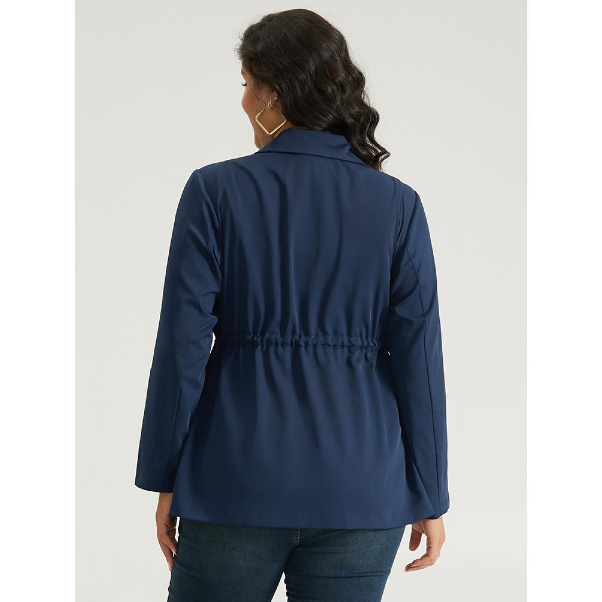Plus Size Button Up Drawstring Pocket Blazer Indigo Women Work Plain Plain Sleeve Long Sleeve Lapel Collar 10/M Pocket At the Office Blazers BloomChic Product Image